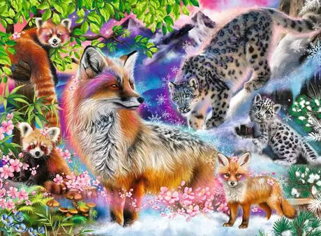 Colourful wildlife artwork showing a fox, red pandas and snow leopards among flowers and pine branches