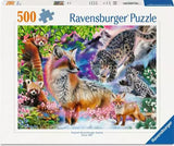 Ravensburger Himalayan Harmony 500 piece jigsaw puzzle box front showing foxes, snow leopards and red pandas in a mountain scene