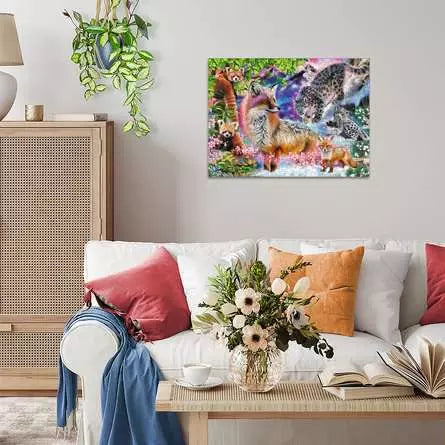 Completed Himalayan Harmony jigsaw puzzle displayed on a wall above a sofa