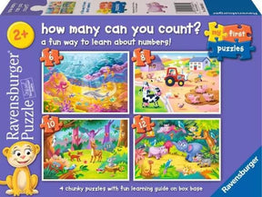 Ravensburger How Many Animals Can You Count 6, 8, 10 and 12 piece puzzle box showing all four animal scenes