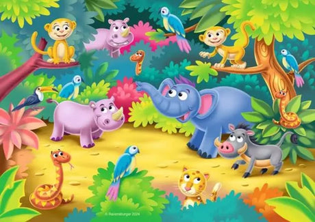 Ravensburger How Many Animals Can You Count jungle puzzle with monkeys, hippos, elephant, parrots and snakes