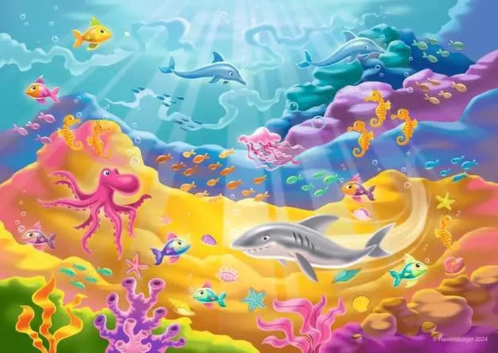 Ravensburger How Many Animals Can You Count ocean puzzle with dolphin, shark, octopus, seahorses, fish and seal