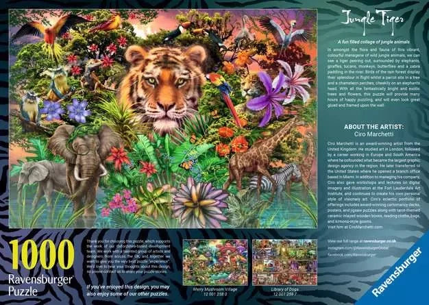 Back of the Ravensburger Jungle Tiger puzzle box showing the completed jungle artwork, product information and artist Ciro Marchetti details