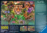 Back of the Ravensburger Jungle Tiger puzzle box showing the completed jungle artwork, product information and artist Ciro Marchetti details