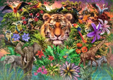 Ravensburger Jungle Tiger puzzle artwork showing a tiger with elephants, giraffes, zebra, colourful birds, flowers and dense jungle foliage