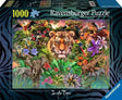 Ravensburger Jungle Tiger 1000 piece jigsaw puzzle box showing a tiger surrounded by elephants, giraffes, birds, flowers and jungle foliage