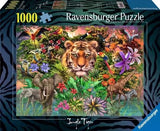 Ravensburger Jungle Tiger 1000 piece jigsaw puzzle box showing a tiger surrounded by elephants, giraffes, birds, flowers and jungle foliage