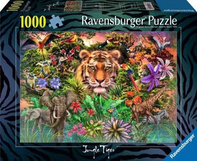 Ravensburger Jungle Tiger 1000 piece jigsaw puzzle box showing a tiger surrounded by elephants, giraffes, birds, flowers and jungle foliage