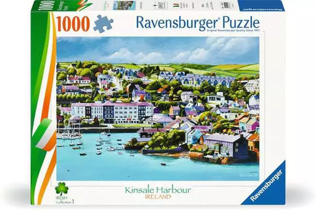 Ravensburger Kinsale Harbour, County Cork 1000 piece jigsaw puzzle box front showing colourful harbour buildings and boats