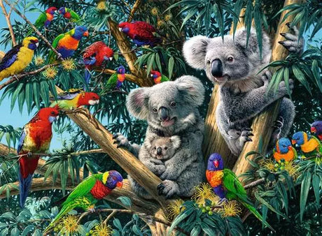 Koala family in a tree surrounded by colourful parrots in the puzzle artwork