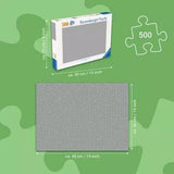 Green size guide panel showing the 500 piece puzzle box and completed puzzle dimensions