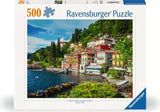 Ravensburger Lake Como Italy 500 piece jigsaw puzzle box featuring colourful lakeside buildings, green hills and blue water