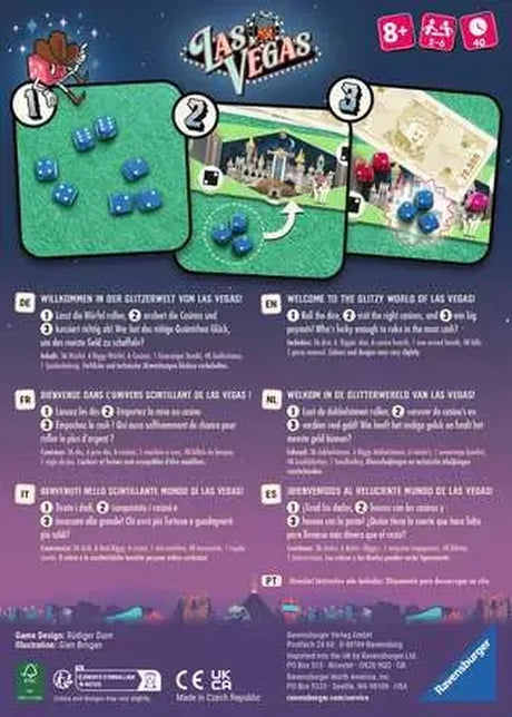 Back of the Ravensburger Las Vegas Party Game box showing gameplay information, components and casino themed artwork.
