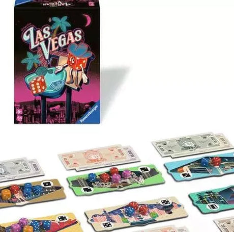 Ravensburger Las Vegas Party Game components displayed with casino boards, dice, money cards and game pieces.