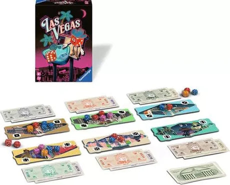 Ravensburger Las Vegas Party Game laid out for play with casino boards, dice and money cards on a light background.