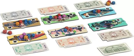 Ravensburger Las Vegas Party Game overview showing the game setup with casino boards, dice, money cards and playing pieces.