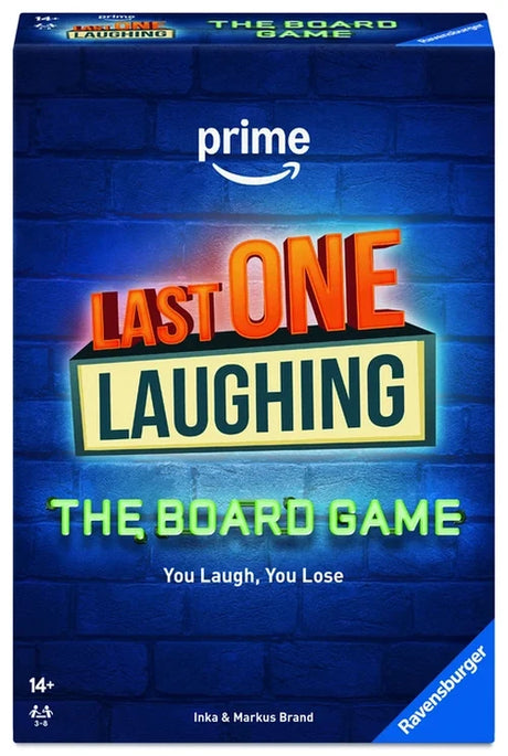 Front of the Ravensburger Last One Laughing board game box, showing the Prime Video branding, blue brick background and large game title.