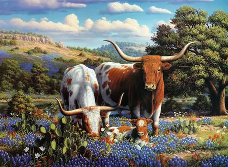 Longhorn cattle puzzle artwork with two adult cattle and a calf in a flower-filled countryside scene