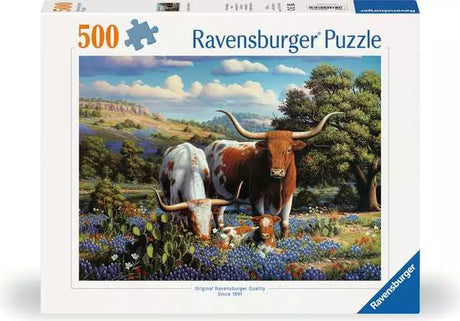 Front of the Ravensburger Longhorns 500 piece jigsaw puzzle box