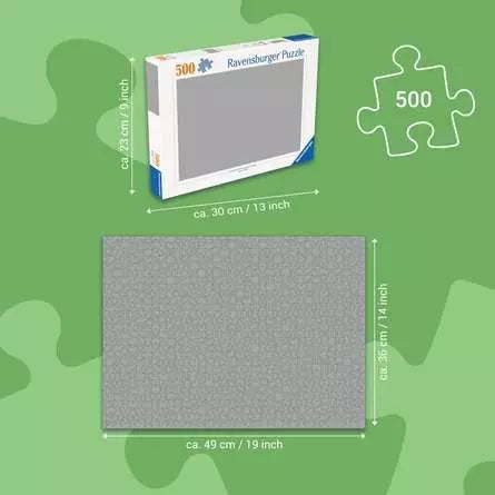 Green size guide panel showing the 500 piece box and completed 49 x 36 cm puzzle dimensions
