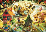 Ravensburger Look Out Little Pigs puzzle artwork showing the Three Little Pigs, the Big Bad Wolf and a comic mechanical contraption between the houses