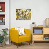 Completed Ravensburger Look Out Little Pigs puzzle displayed on a wall above a yellow armchair and wooden cabinet