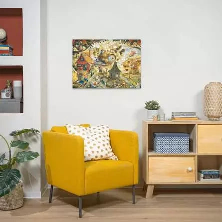 Completed Ravensburger Look Out Little Pigs puzzle displayed on a wall above a yellow armchair and wooden cabinet