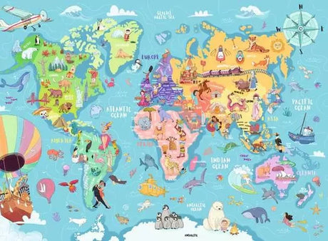 Ravensburger Map of the World illustrated map showing continents, oceans, animals and colourful landmarks