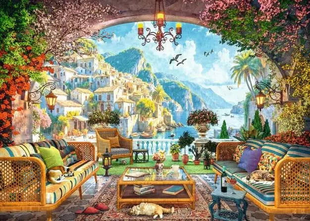 Ravensburger Mediterranean Terrace View puzzle artwork showing a flower filled terrace overlooking a coastal village and blue sea