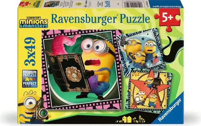 Ravensburger Minions & Monsters 3 x 49 piece jigsaw puzzle box displaying all three Minions movie scenes and 5+ age marking