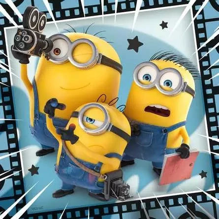 Minions & Monsters puzzle scene with three Minions carrying filming equipment, including a movie camera and clipboard