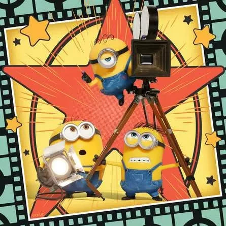 Minions & Monsters artwork showing three Minions around a film camera in front of a large red star