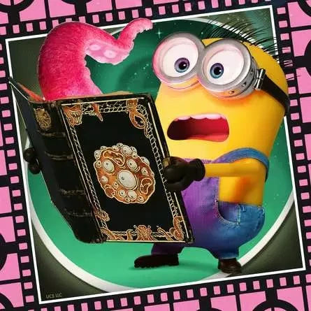 Ravensburger Minions & Monsters puzzle showing a Minion holding an ornate book with a pink monster behind him