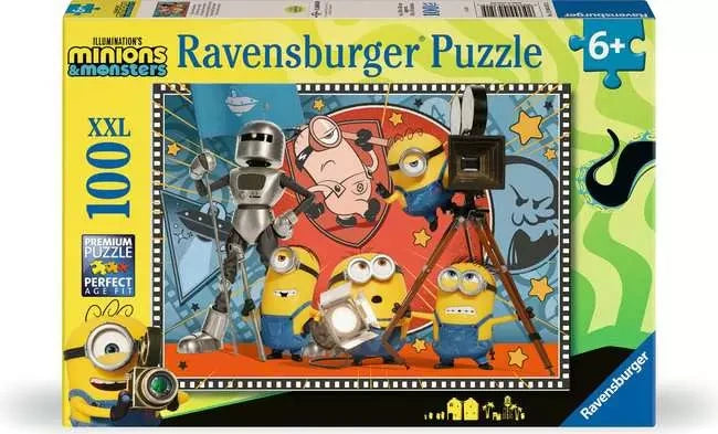 Minions & Monsters retail packaging featuring the 100 XXL piece count, movie camera scene, Minions characters and Ravensburger branding