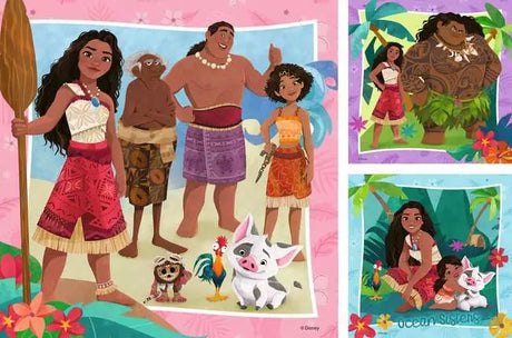 Ravensburger Moana 2 jigsaw puzzle scene showing Moana, Maui, Simea, Pua, Heihei and a small creature on a beach