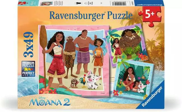 Ravensburger Moana 2 Off To New Adventures 3 x 49 piece jigsaw puzzles box front showing three Moana 2 puzzle scenes with a 5+ age mark