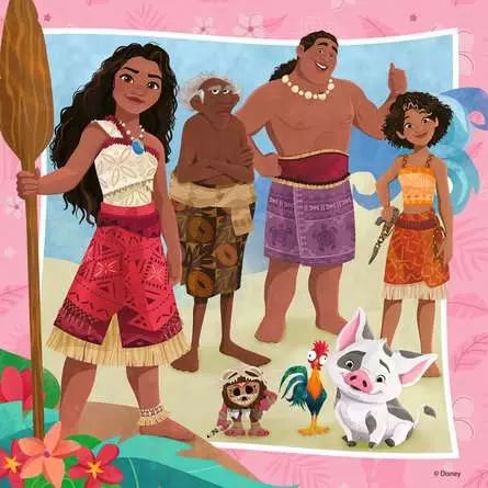 Ravensburger Moana 2 jigsaw puzzle scene showing Moana, Maui and Simea with Pua and Heihei on a beach