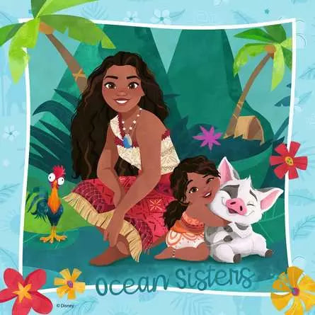 Ravensburger Moana 2 jigsaw puzzle scene showing Moana and Simea with Pua and Heihei