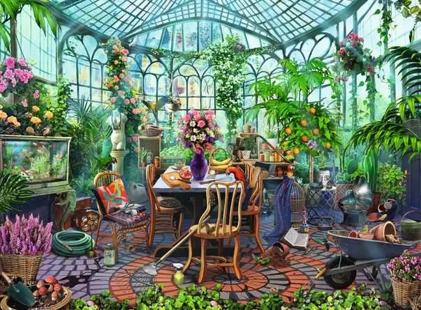 Ravensburger Morning in the Greenhouse puzzle artwork showing a sunlit conservatory filled with tropical plants, flowers, parrots, a table and garden tools