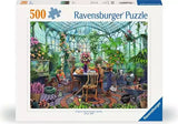 Ravensburger Morning in the Greenhouse 500 piece jigsaw puzzle box featuring the colourful greenhouse scene with tropical plants and parrots