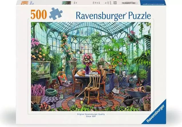 Ravensburger Morning in the Greenhouse 500 piece jigsaw puzzle box featuring the colourful greenhouse scene with tropical plants and parrots