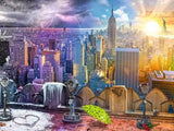 Ravensburger New York Summer and Winter puzzle artwork showing the New York skyline transitioning from a snowy winter scene to bright summer sunshine