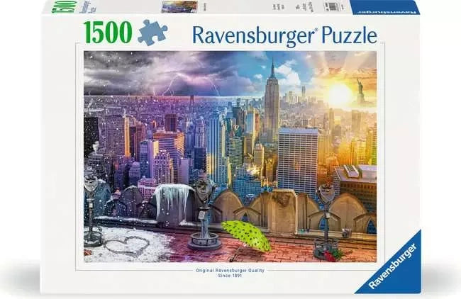 Ravensburger New York Summer and Winter 1500 piece jigsaw puzzle box featuring the New York skyline changing from winter darkness to summer sunlight
