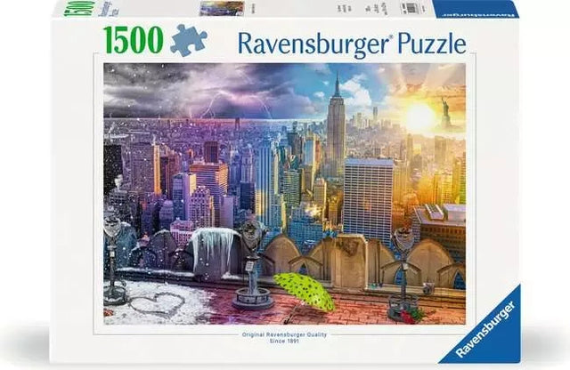 Ravensburger New York Summer and Winter 1500 piece jigsaw puzzle box featuring the New York skyline changing from winter darkness to summer sunlight