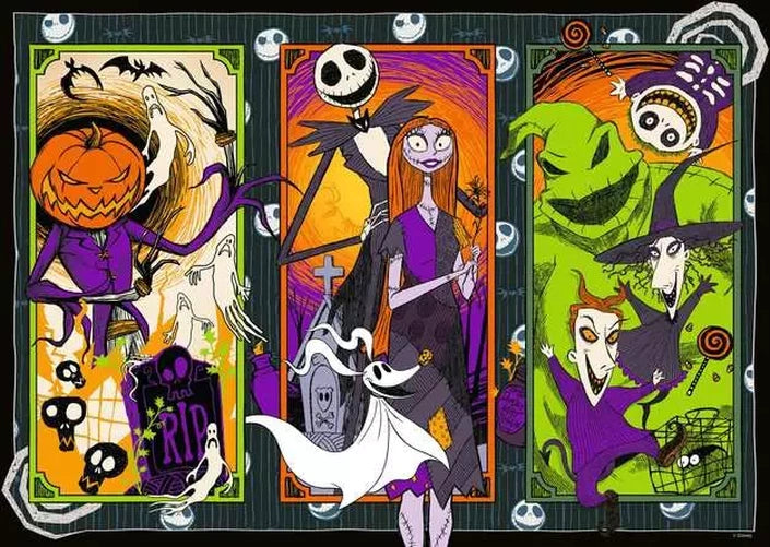 Ravensburger The Nightmare Before Christmas puzzle artwork featuring Jack Skellington, Sally, Oogie Boogie, Zero and other characters in three illustrated panels