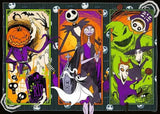 Ravensburger The Nightmare Before Christmas puzzle artwork featuring Jack Skellington, Sally, Oogie Boogie, Zero and other characters in three illustrated panels