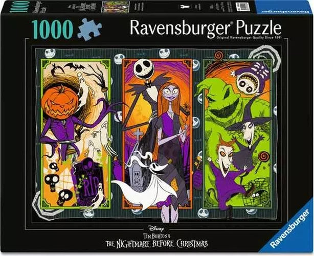 Ravensburger The Nightmare Before Christmas 1000 piece jigsaw puzzle box featuring Jack Skellington, Sally, Oogie Boogie and Zero