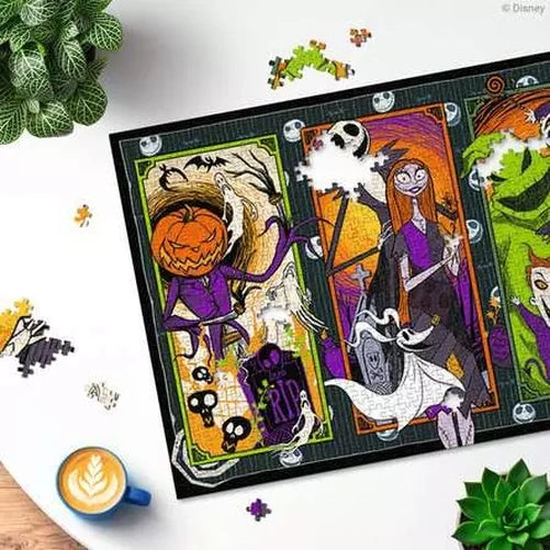 Ravensburger The Nightmare Before Christmas puzzle detail showing the illustrated character panels surrounded by loose jigsaw pieces