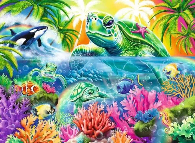 Ravensburger Ocean Treasures puzzle artwork showing sea turtles, orca, tropical fish, coral, starfish and colourful underwater plants