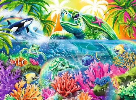 Ravensburger Ocean Treasures puzzle artwork showing sea turtles, orca, tropical fish, coral, starfish and colourful underwater plants